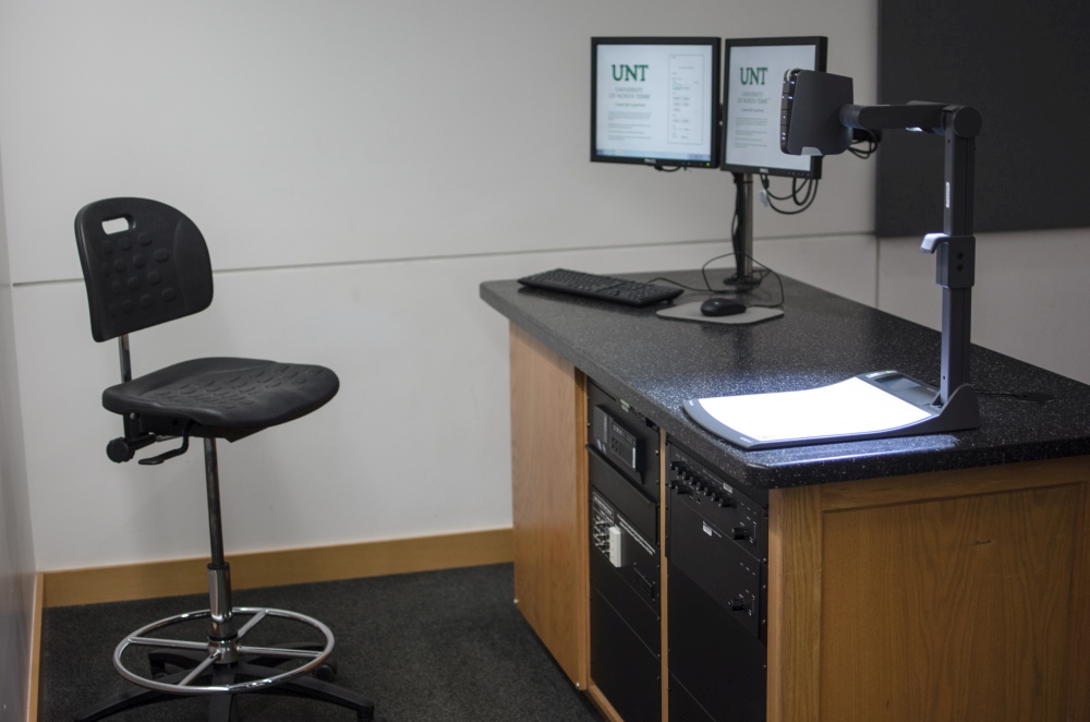 Instructor station with two monitors and a document camera